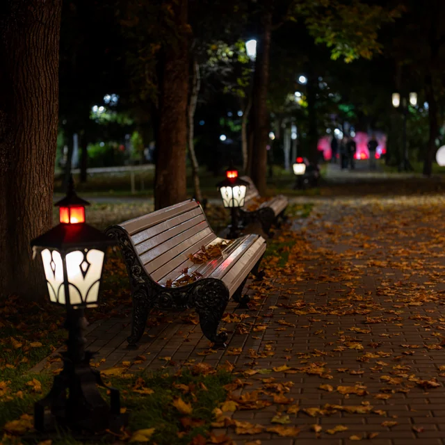 Glowing lanterns beside a wooden bench on a leaf-covered park path at night.