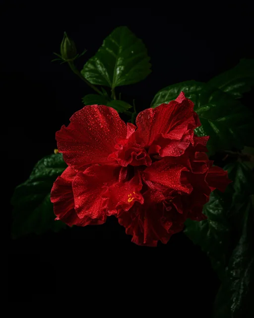 A vivid red rose and green leaves emerge from a nearly black background.