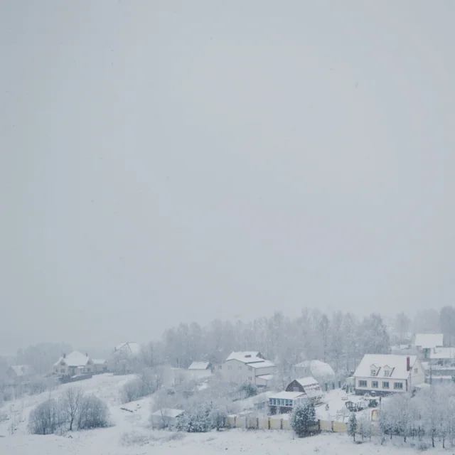 Snow falls over houses and trees beneath a pale winter sky.